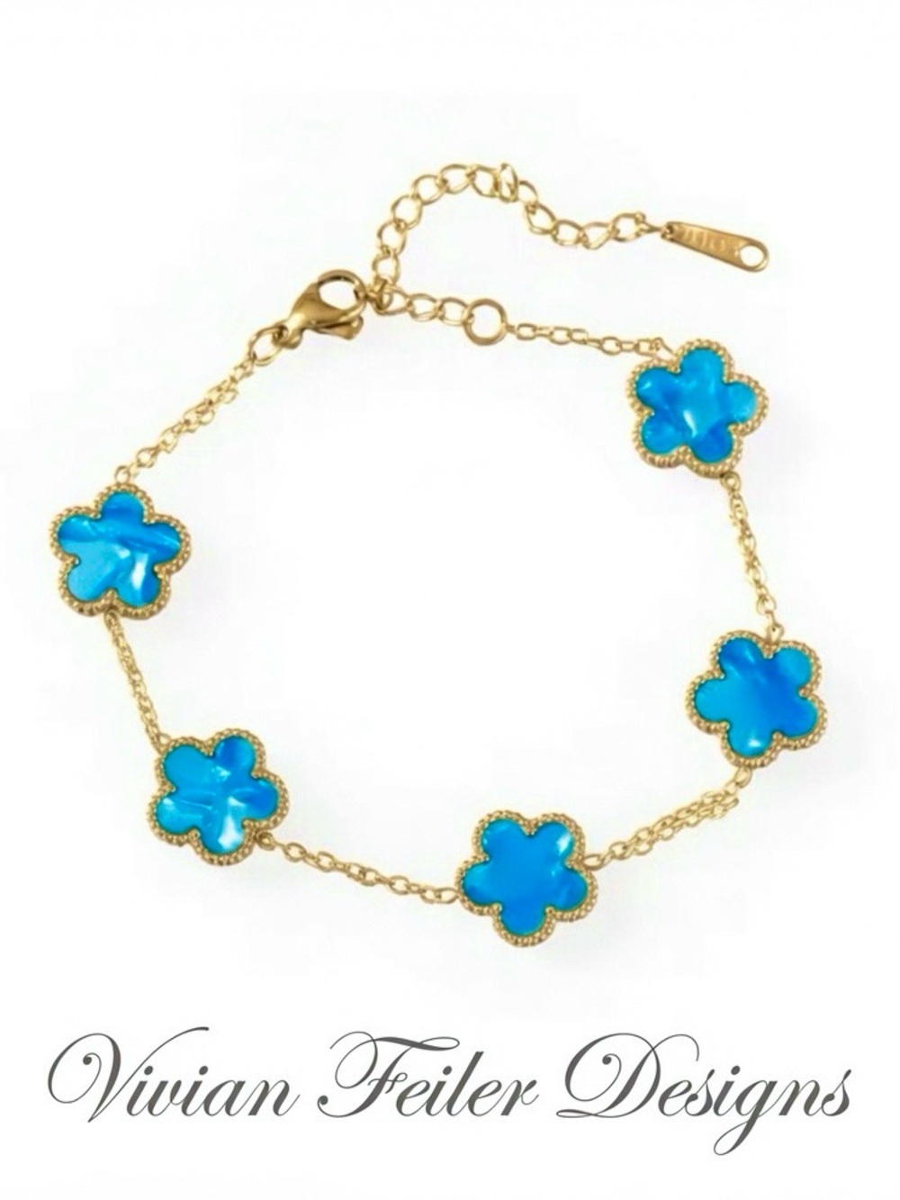 Gold Bracelet with Turquoise Blue Clover Shell Pearls Stainless Steel NWT